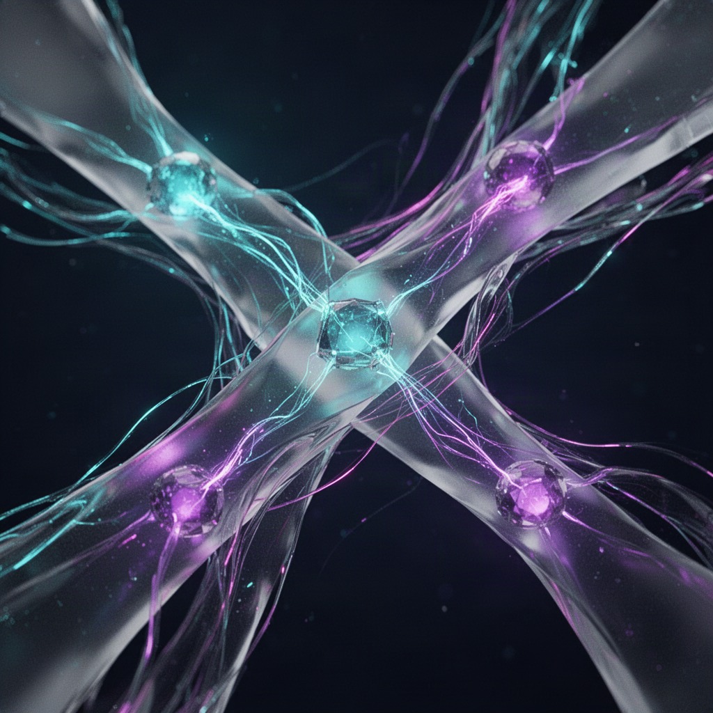 Abstract visualization of tokens moving across connected blockchain networks through a relay layer